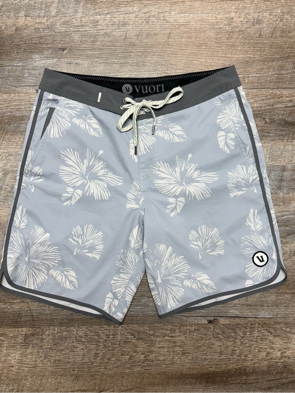 Vuori Light Gray & White Floral Board Shorts
